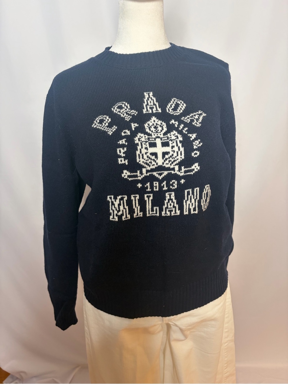 Prada wool Navy Crewneck Sweater with White Milano Emblem